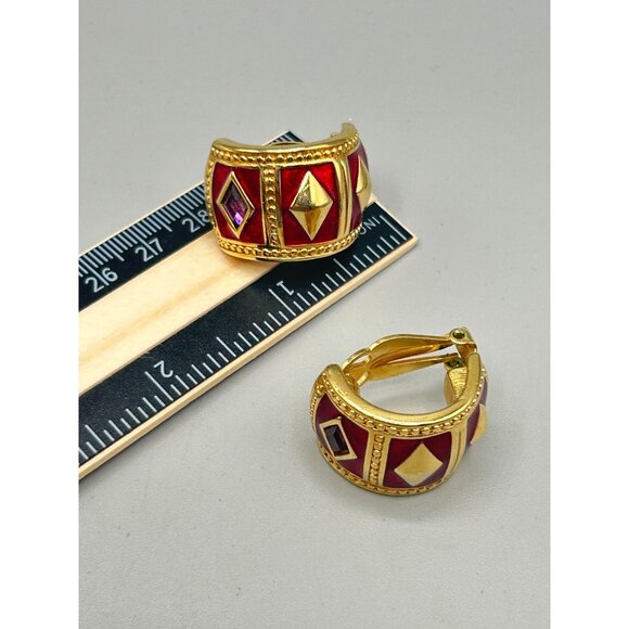 Swarovski Gold Plated Red Enamel & Purple Crystal Huggie Hoop Earrings - Picture 7 of 7